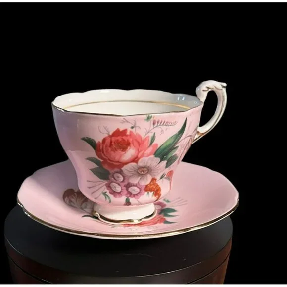 VTG Paragon English Bone China Footed Teacup and Saucer Pink and Floral on White